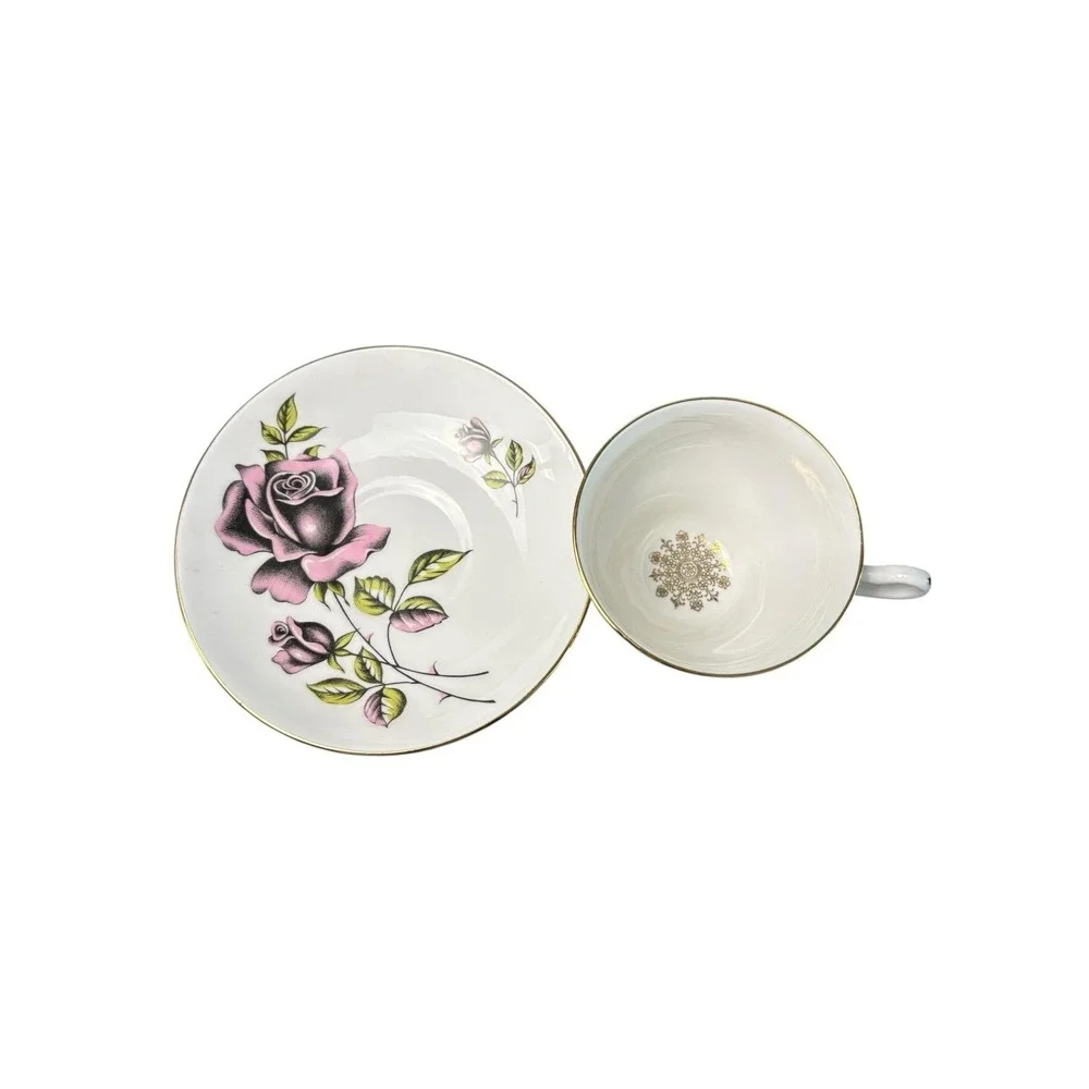 Imperial Fine English Bone China Pink Rose Tea Cup Saucer 22K Gold